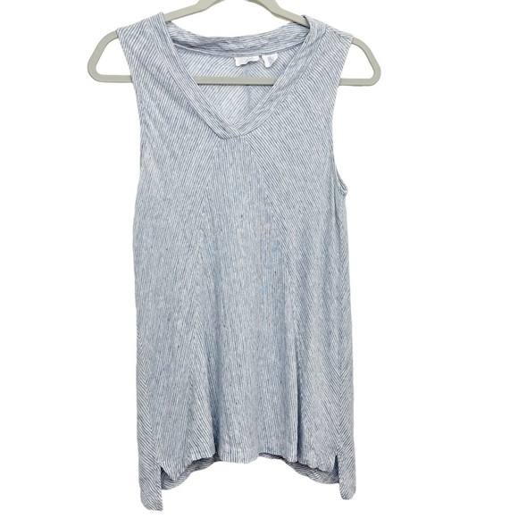 Sigrid Olsen Linen Tank Top Medium V-Neck Sleeveless Blue Stripe - Picture 1 of 5